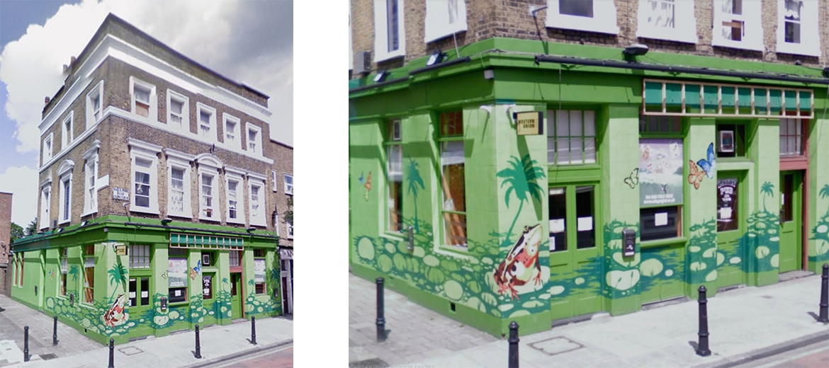 An old before-photo of windows, doors, and shopfront on a green, decorated pub building on Balls Pond Road, N1, Islington, London.