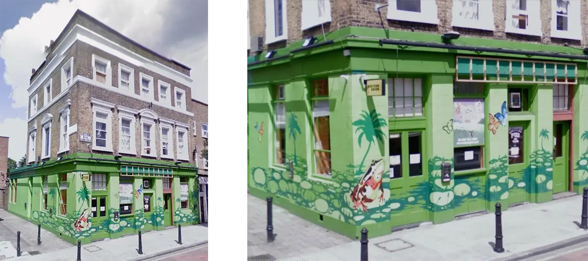 An old before-photo of windows, doors, and shopfront on a green, decorated pub building on Balls Pond Road, N1, Islington, London.
